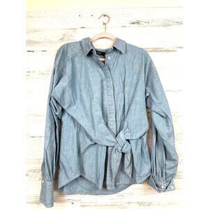 Lauren Ralph Lauren Black Label Womens L Blue Tie Front Blouse Luxe Lightweight